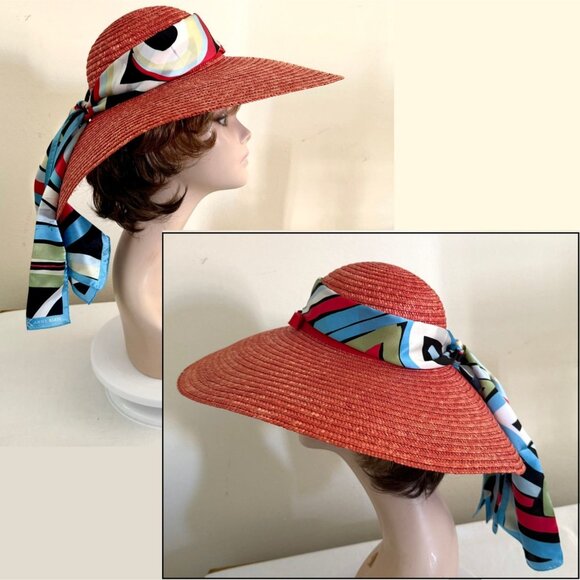 Wide Brim Straw Sun Hat With Anne Klein Multicolor Patterned Silk Scarf Accent - Picture 6 of 12